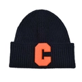Navy blue ribbed knit beanie featuring a bold orange chenille embroidered C letter patch - Black & Orange