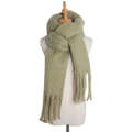 Close-up of the thick mohair texture and soft tassels on the light green winter scarf - Tea Green / Over 175cm
