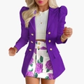 Détail du blazer violet à manches bouffantes et jupe courte à imprimé fleuri - S / Haut Et Bas / Violet