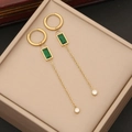 Elegant gold tassel earrings with emerald green gemstones and clear zircon pendants - Green Tassel Earrings