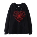 Black zip-up hoodie featuring a red spider web heart print and oversized fit - Black (Red Spider Web Heart)
