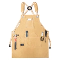 Khaki canvas tool apron with multi-functional pockets and leather shoulder strap connectors - Yellow