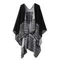 Double-sided black and grey plaid cashmere-like poncho shawl with tassels and trim - Black Lace Pattern