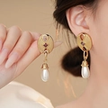 Vintage gold earrings with oval ruby gemstone and elegant pearl drop pendant - Gold Oval Water Drop Rhinestone Pearl Style (2#)