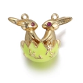 Easter golden rabbit pendant with green enamel egg and red gemstone eyes for jewelry - Light Green Easter Egg Rabbit Pendant