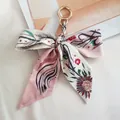 Elegant camellia silk scarf bow keychain for women bags with golden metal ring detail - No.7 (Pink Floral)