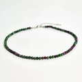 Detail of 4mm natural stone beaded necklace featuring green and ruby zoisite colors - Green Flower Stone