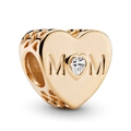 Rose gold heart charm bead with MOM engraving and clear heart-shaped zircon stone - 008-MOM Heart