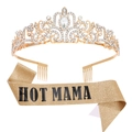 Golden rhinestone crown and glitter sash set with Hot Mama text for parties - Gold