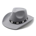 Close-up of a grey felt cowboy hat with a black leather belt and silver metal buckles - Light Gray / M (56-58cm)