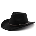 Detail van zwarte cowboyhoed met gevlochten lederen band en metalen gesp met stierlogo - M(56-58cm) / Zwart