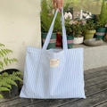 Blue and white vertical striped canvas tote bag with shoulder straps and logo patch - Vertical Striped Blue (Zipper Style)