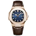 Slim rose gold men's quartz watch with deep blue striped dial and brown leather strap - Rose Gold Case Blue Dial Leather Strap