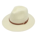 Detail of cream woven panama hat with brown leather band and gold metal buckle - Light Yellow