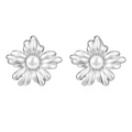 Silver flower stud earrings with white pearl center made of polished stainless steel - Steel Five-Petal Flower Earrings with White Faux Pearls (MS-495)