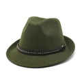 Army green wool fedora with black leather band and gold-silver metal studs on white background - M (56-58cm) / Army Green