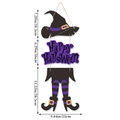 Hanging Halloween decoration in purple and black with size details for wizard hat and legs - Multi-layer Witch Door Sign / Purple