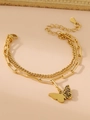 Close-up of gold double-layer bracelet with butterfly pendant on cuban and paperclip chains - Gold Butterfly Double Layer Pendant Bracelet