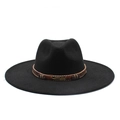 Classic black wide brim fedora hat with brown braided band and golden feather detail - Black