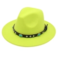 Detail of neon yellow fedora hat with black leather band, silver studs and turquoise stone - M (56-58cm) / Fluorescent Green