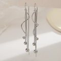 Elegant silver long tassel drop earrings featuring minimalist wavy line and chain design - Bead Wave Tassel Ear Threader