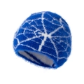 Blue plush beanie featuring white spider web jacquard pattern for winter warmth - Blue and White