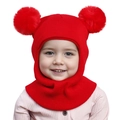 Detail of red knit baby winter hat with double pom-poms and integrated neck warmer - One Size / Red