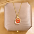 Vintage red enamel oval necklace with gold rose detail and white pearl border - Retro Pearl Rose Style