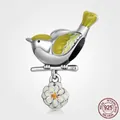 925 sterling silver bird and flower charm with enamel details and orange stone - 925 Silver / Yellow Bird and White Flower Pendant