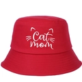 Red cotton bucket hat featuring white Cat Mom embroidery with feline whiskers and ears - Adjustable / Rose Red
