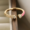 Gold plated open ring with heart zircon and pink enamel on a wooden jewelry box - Heart Pink Enamel (13236) / Pink