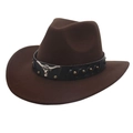 Close-up of brown cowboy hat with leather band featuring silver bull head and bronze rivets - 56-58cm / Coffee
