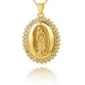 Detail of gold oval Virgin Mary pendant with clear zircon inlay and classic chain - Pendant Only (Without Chain) 3D Rhinestone Virgin Mary (ZYN-DMK600G)