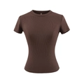 T-shirt ajusté pour femme en maille côtelée marron foncé avec col rond classique - S / Hauts / Brun Foncé