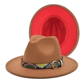Détail du chapeau fedora bicolore marron et rouge avec ceinture à motif serpent - M (56-58cm) / Khaki + Rouge