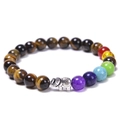 Détail de perles œil de tigre, pierres chakra et pendentif éléphant argenté sur le bracelet - Oeil de Tigre-Bracelet Éléphant