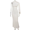 Detail view of white one-shoulder bodycon long dress with elegant ruching texture - S / Beige