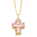 Collana a croce dorata con zircone rosa centrale e bordi di gemme colorate vivaci - Rosa