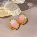 Vintage 18K gold plated oval earrings featuring pink marble resin and grained texture - Gradiant Alluring Love