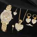 Luxury 5pcs gold watch and jewelry set with sparkling rhinestones for women - Heart-Shaped Full Diamond 5-Piece Set / Gold