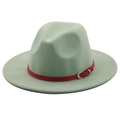 Stylish light green wide brim wool fedora hat with a red leather belt and gold buckle - M(56-58cm) / Cream