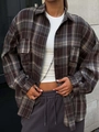Oversized plaid long sleeve shirt for women featuring a vintage grey and brown checkered pattern - S / Coffee