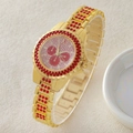 Luxury gold stainless steel watch with red rhinestones and a soft pink dial - 5-558 Gold Red