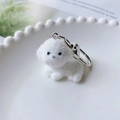 Gros plan d'un porte-clés chiot floqué blanc avec fermoir mousqueton argenté sur assiette - US 3
