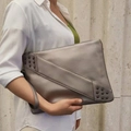 Silver grey punk style clutch with rivets and diagonal stitching details - Silver Gray
