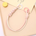 Pink and white hand-woven leather strap keychain with circular metal rings for bags - Hand Chain / Pink + White