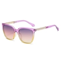 Purple and yellow gradient square sunglasses with pearl and gold metal chain temples - Purple Yellow Frame Pearl Temple Gradient Purple Lens
