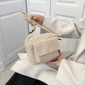 Minimalist beige faux shearling crossbody bag with adjustable fabric strap for women - Khaki