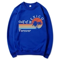 Dark blue Gulf of Mexico Forever sweatshirt with vintage sunset and palm tree print - S / Blue