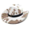Sombrero de vaquero con estampado de vaca, textura de felpa y hebilla de toro - M (56-58cm) / Copa Plana / Caqui